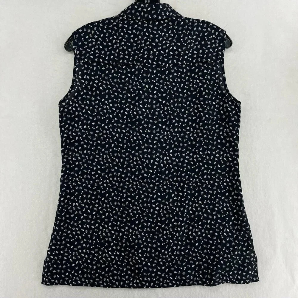 Ann Taylor Button-Up Shirt Women's Sz S Black Anchor Print Collared Side Slit - Picture 2 of 11